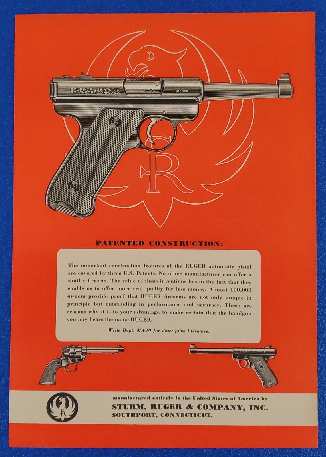 1954 RUGER STANDARD MODEL .22 CALIBER PISTOL ORIGINAL VINTAGE FIREARM PRINT AD