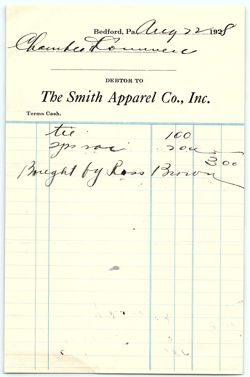 1928 Smith Apparel Co. Bedford PA Billhead, apparel sale
