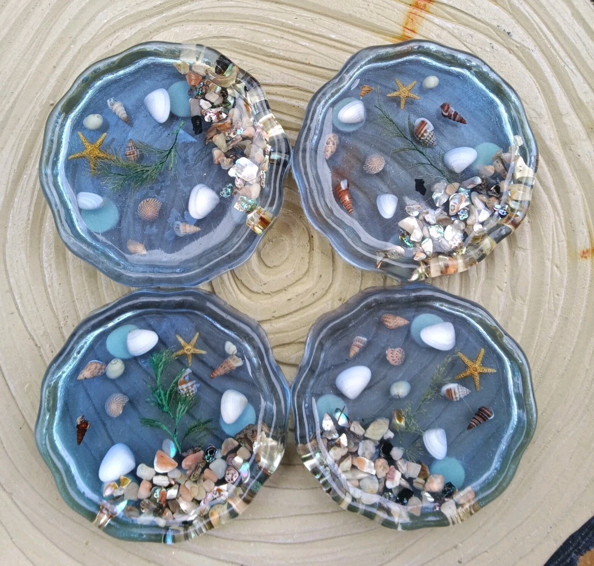 Set Of 4 Vintage Coral Blue Sea Shell Coasters Vintage