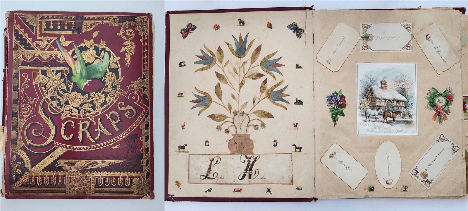 1880s antique SCRAPBOOK chester co pa LYDIA HARLAN victorian FRAKTUR FOLK ART