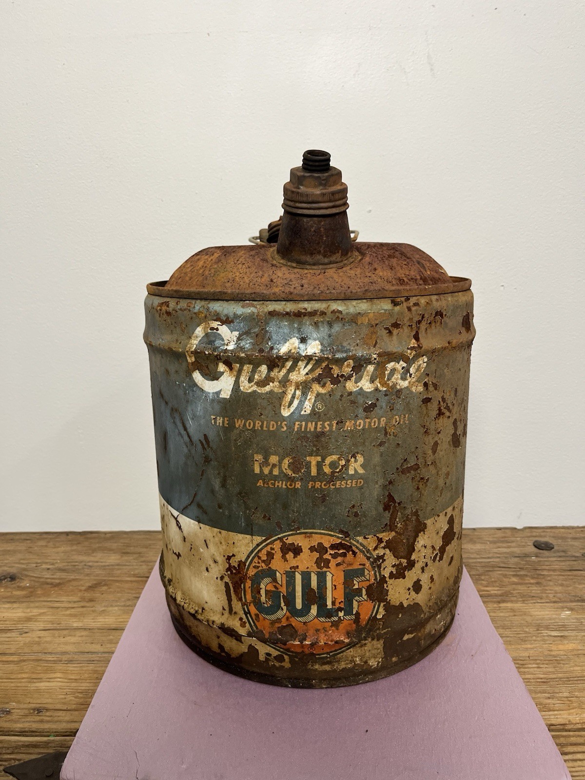 Vintage Gulfpride 5 Gallon Wooden Handle Oil Can