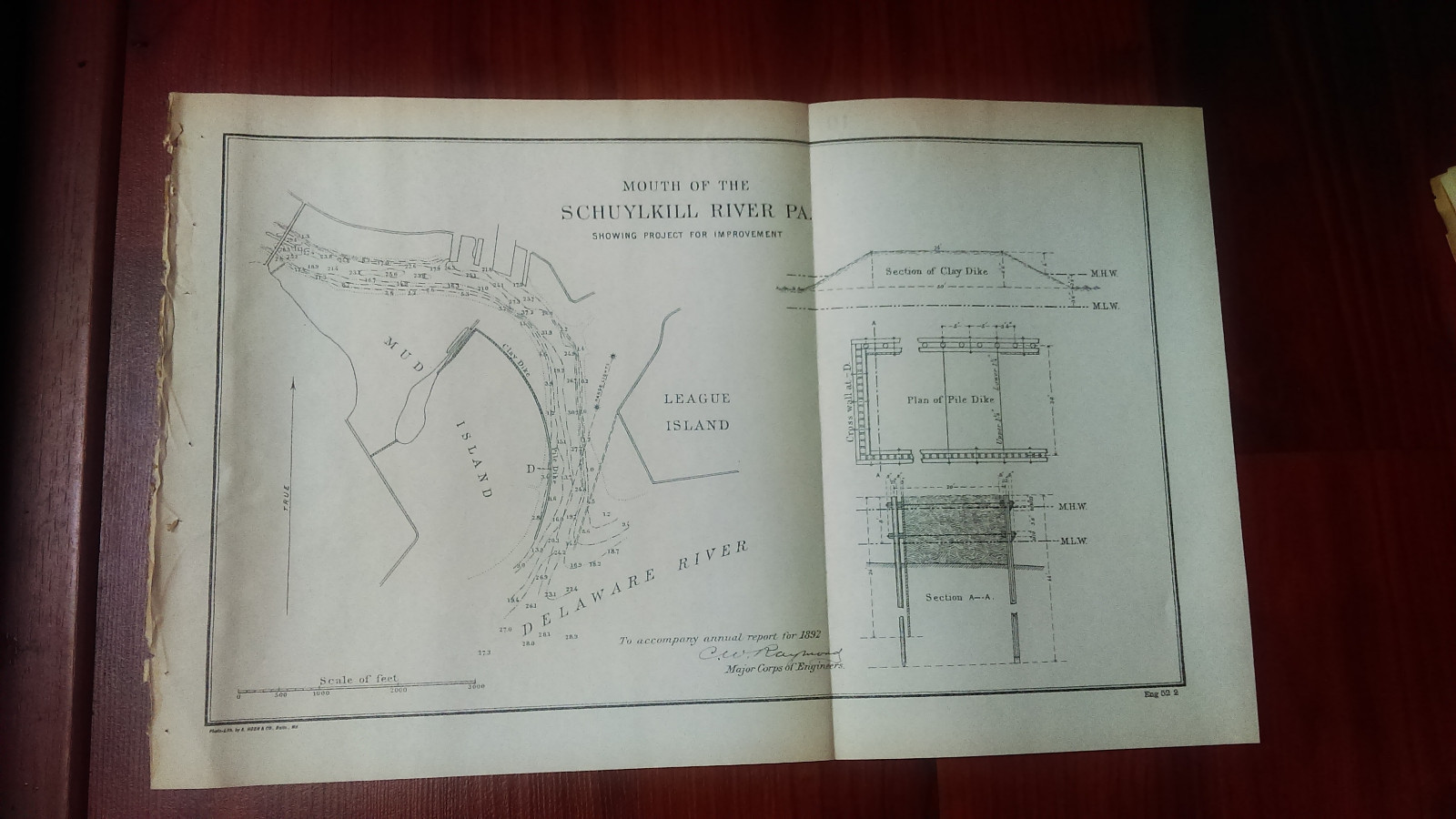 1892 Map Diagram of Schuylkill River, PA, Mud and League Isl, Plan of Pile Dike