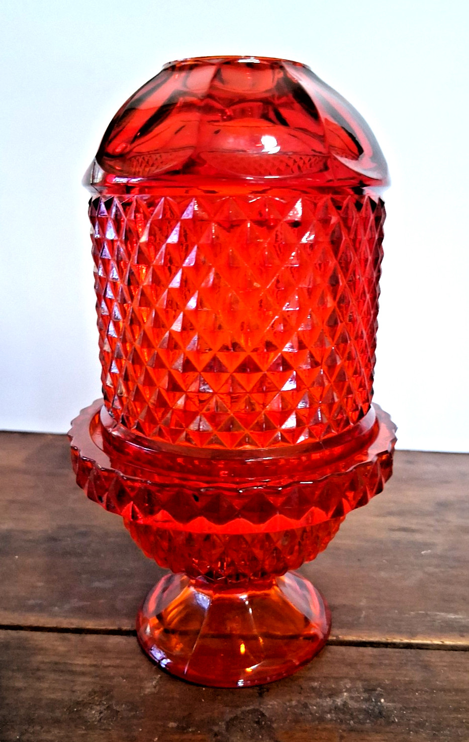 Vintage Viking Diamond Point Glimmer Fairy Lamp Ruby Red Amberina Glass~Minty~