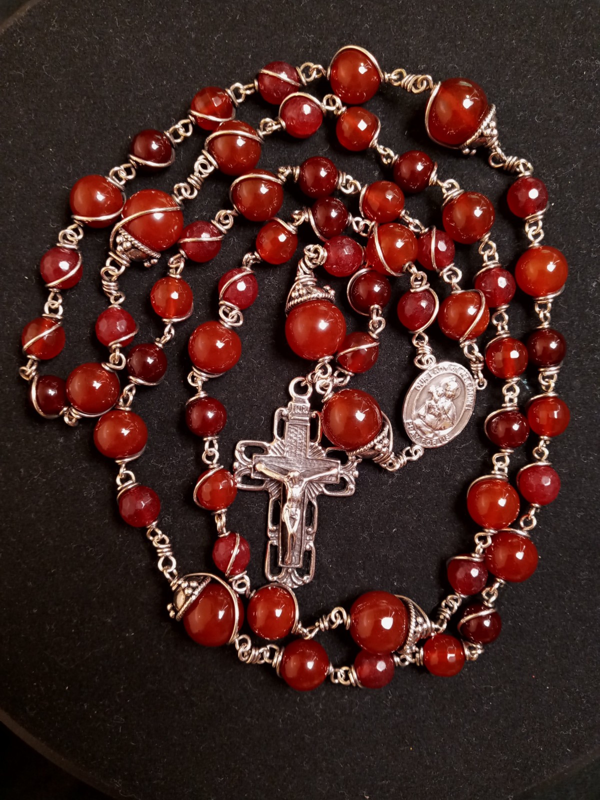 Genuine Sterling S WireWrap Red Agate Carnelian Cherry Quartz Handmade Rosary