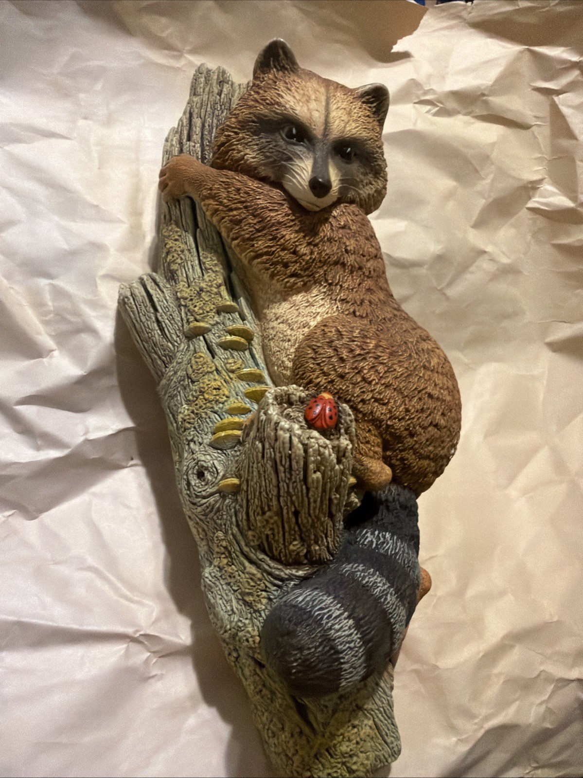 Vintage Bossons Chalkware Raccoon on Tree Wall Hanging Ladybug England