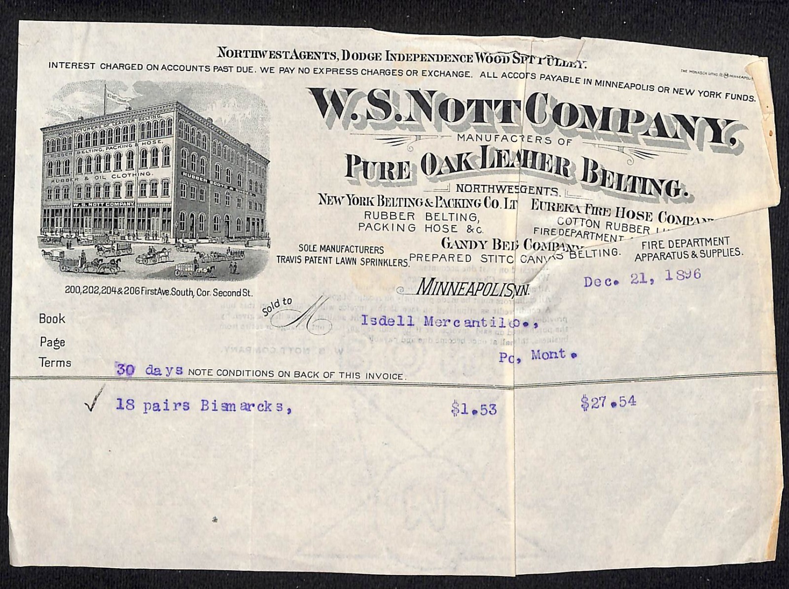 Minneapolis W.S. Nott Co. Pure Oak Leather Belting 1896 Billhead w/ Vignette