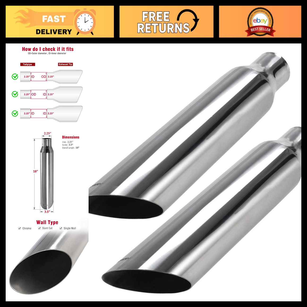 Upower 2 PCS Universal Stainless Steel Exhaust Tip 2.25