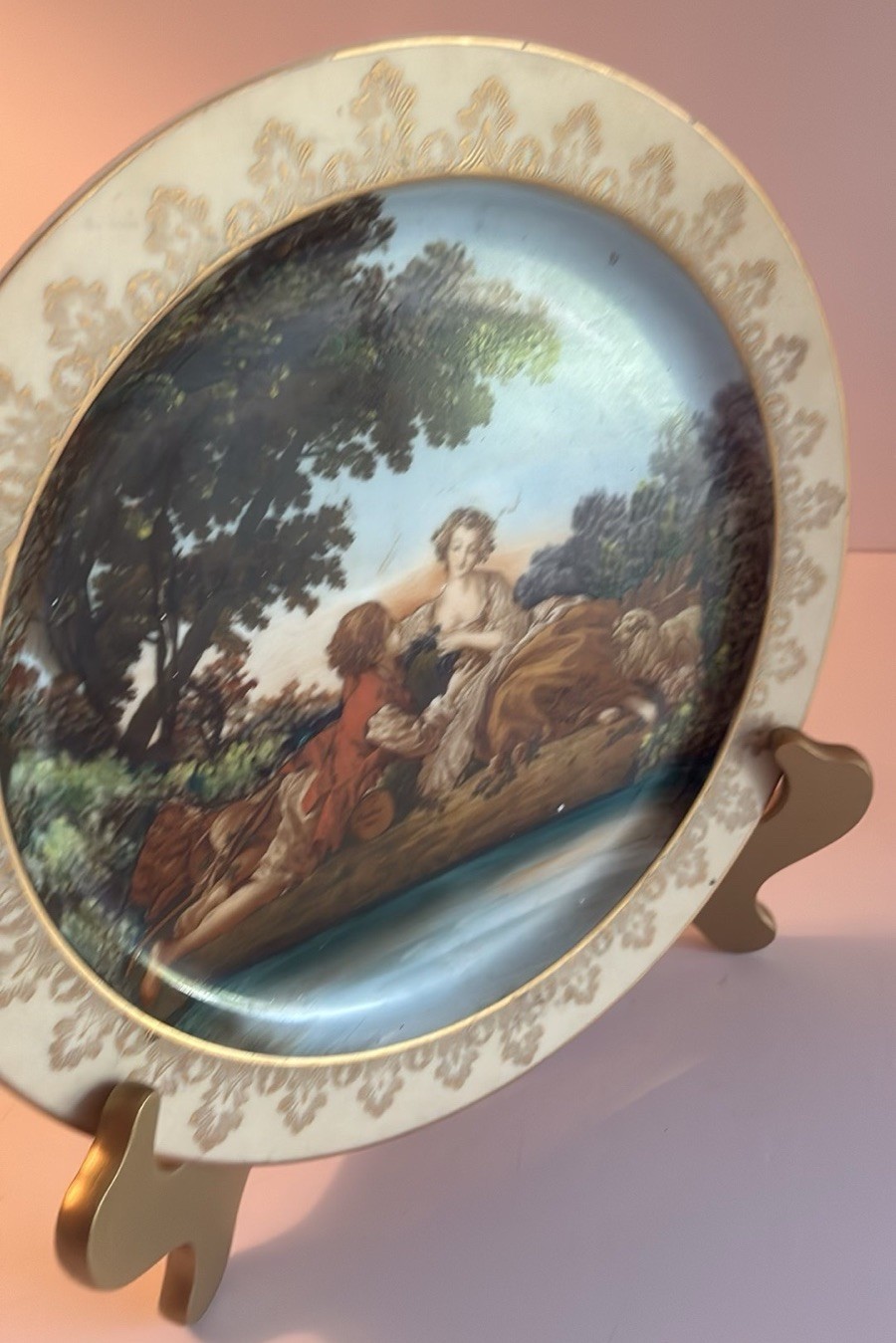 ANTIQUE FRENCH F.BOUCHER COURTING GOLD GILDED PLATE PORCELAIN SIGNED