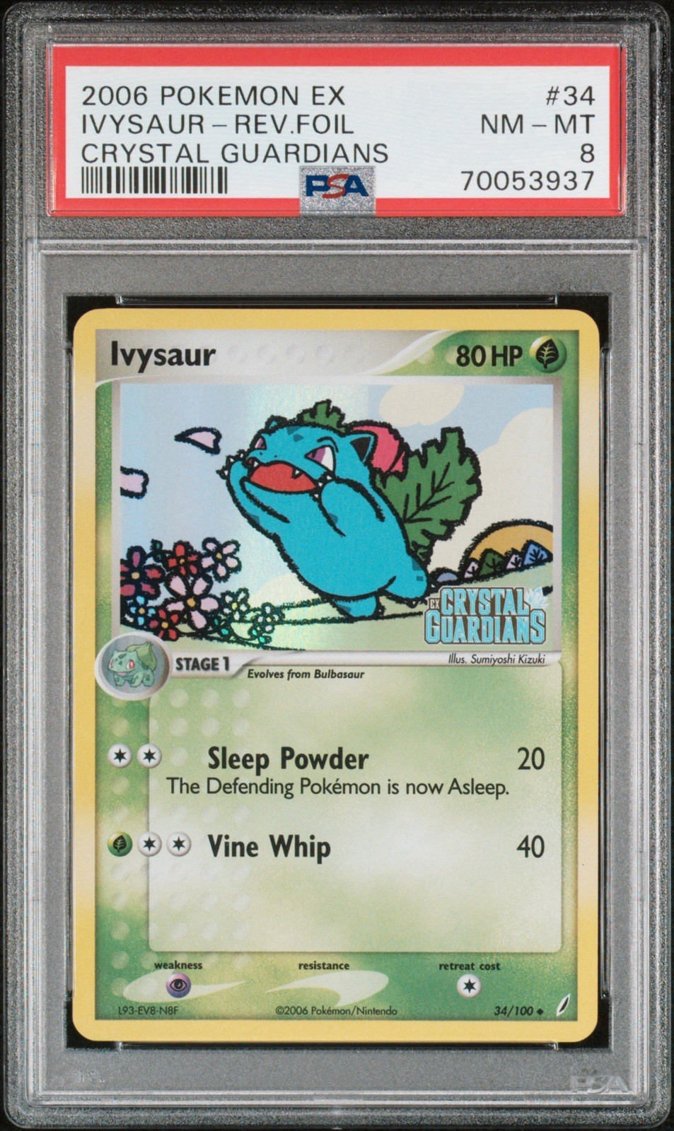 2006 Pokemon EX Ivysaur 34/100 Crystal Guardians Reverse Holo PSA 8 Stamped Foil