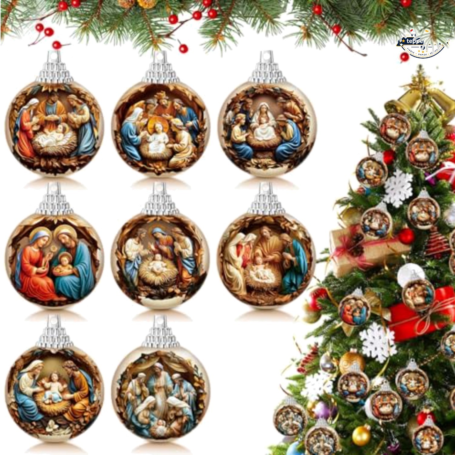 Nativity Christmas Tree Ornaments 16 Pcs 2.17 in Religious Hanging Balls