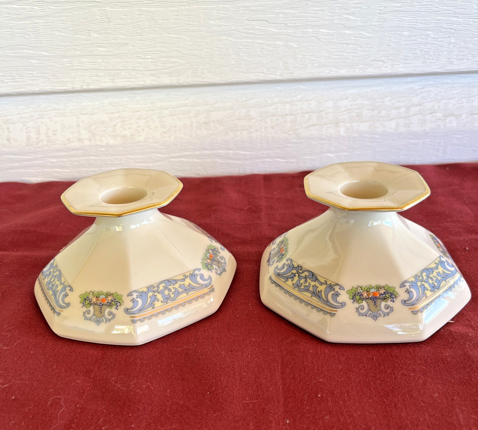 Lenox AUTUMN Octagonal Footed Candlestick Holder SET 2pc / PAIR 24k Trim Perfect