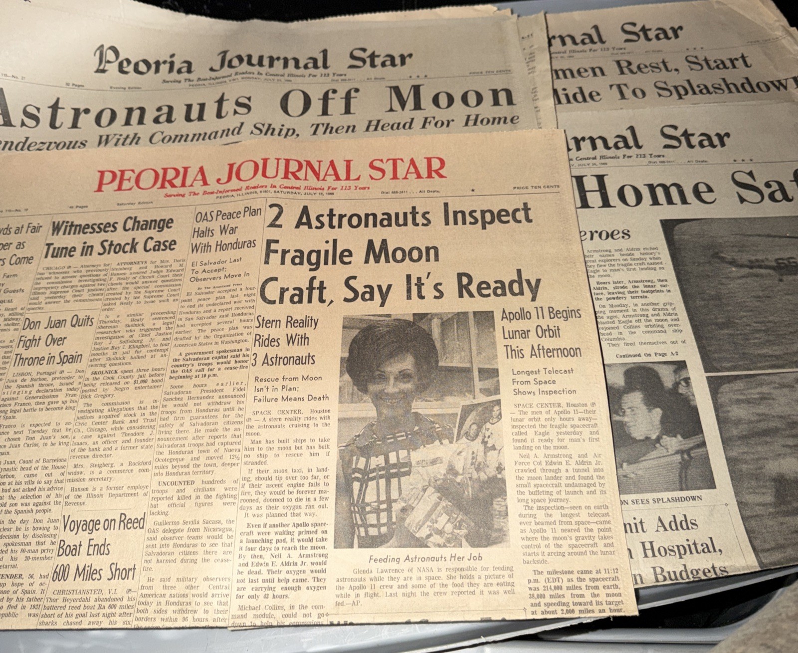 Apollo 11 Moon Landing Newspaper - Peoria Journal Star, July 21, 1969 Lot Of 5