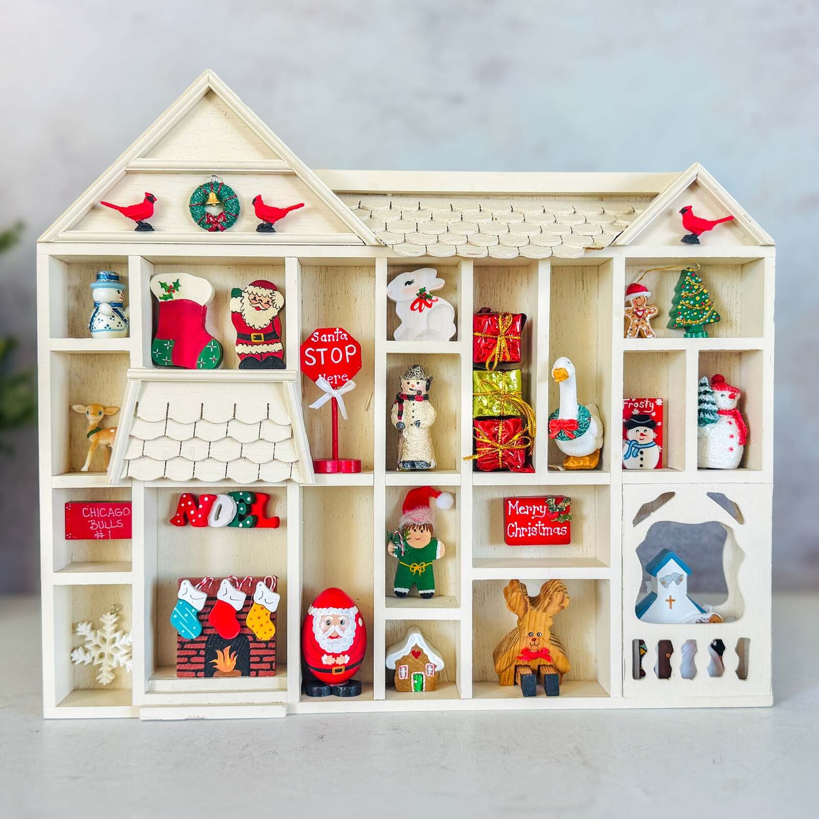 Vintage 1980s Wooden Christmas Shelf House | Painted Miniatures, Wall Display