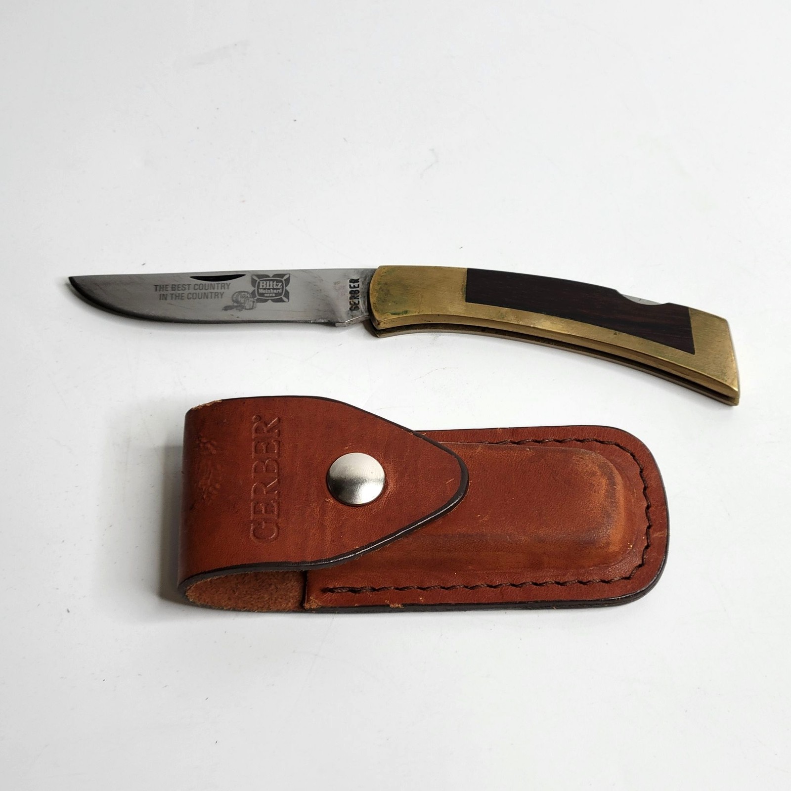 Gerber Blitz Weinhard Bicentennial Folding Knife Leather Sheath Portland OR USA
