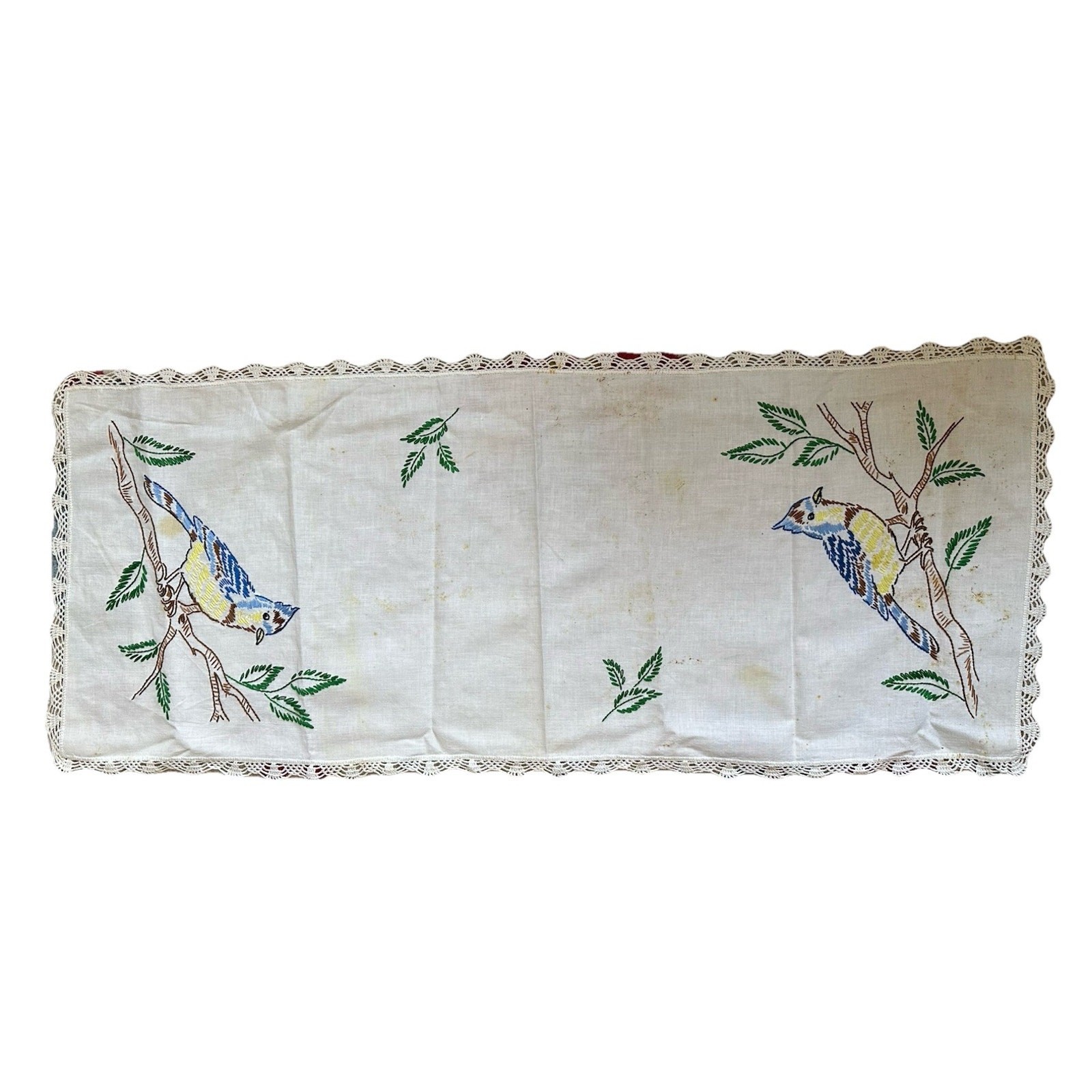 Vintage Hand Embroidered Blue Jay Dresser Cloth Runner Crochet Edge 15” x 34.5