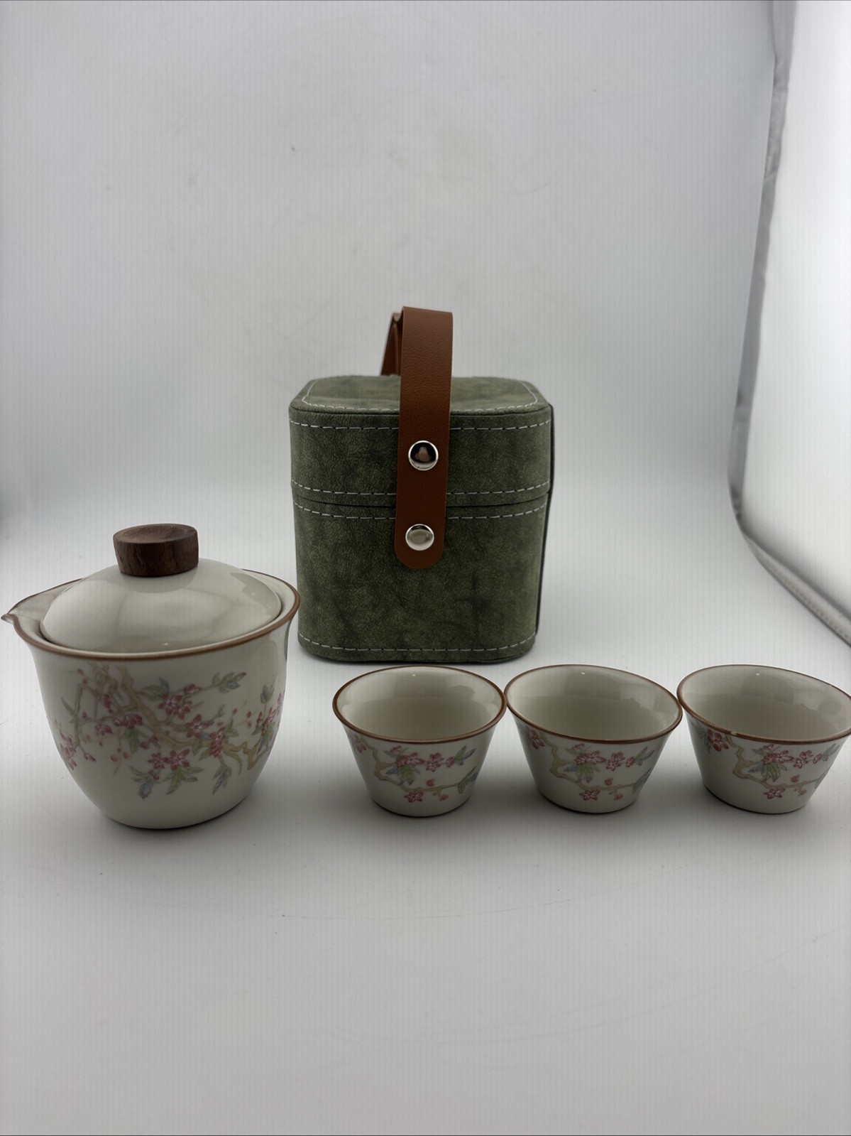 Floral Ceramic Gongfu Travel Tea Set Teapot 3 Cups with Green Carrying Case