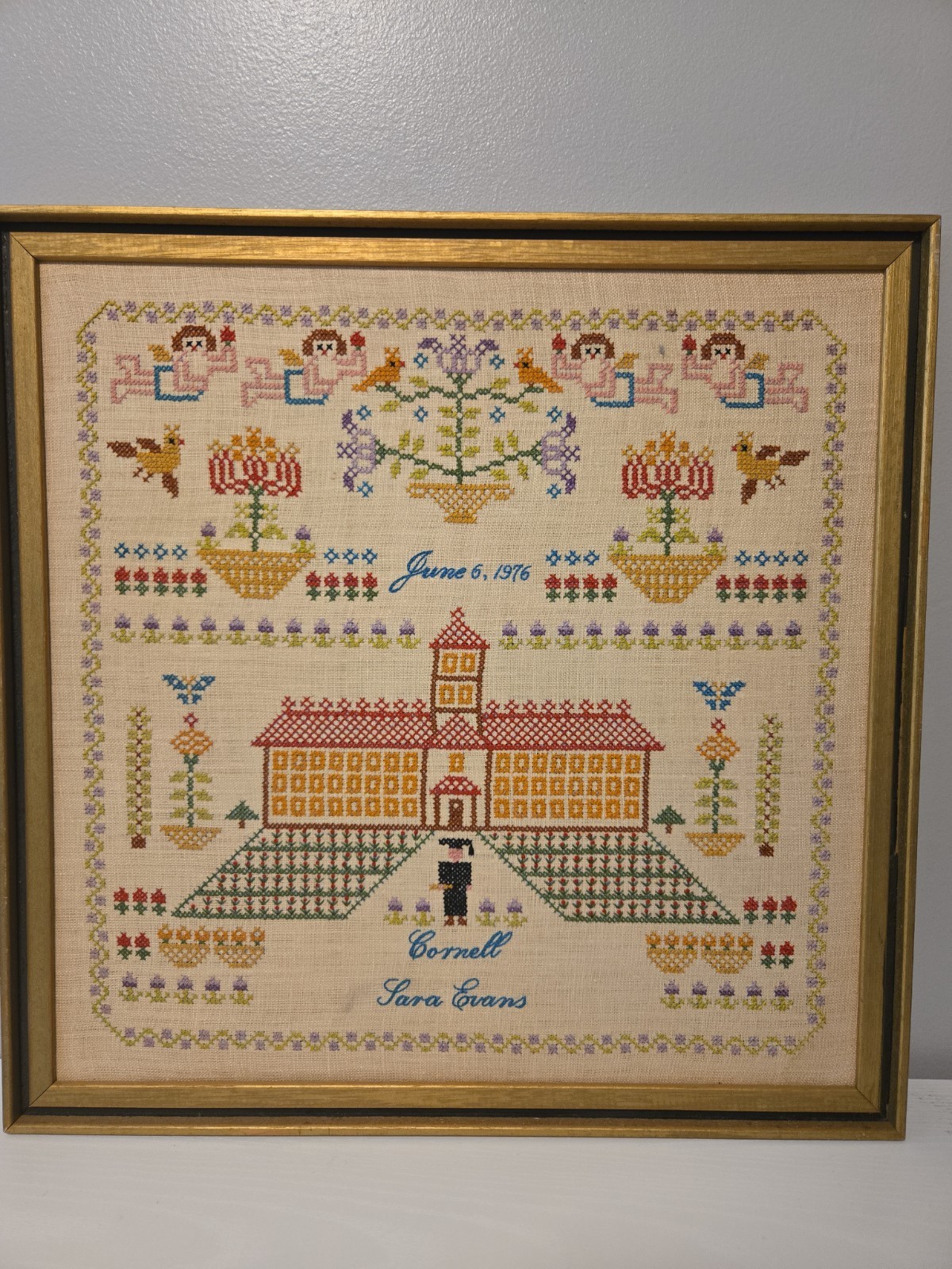 Vintage  Cross Stitch Sampler  Trees Birds  Signed  Finished Framed 1976