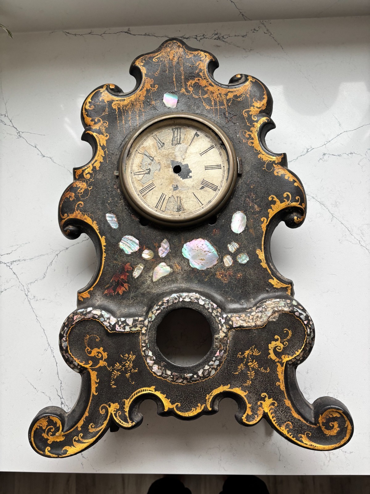 Antique Victorian Era Cast Iron Ornate Mantel Clock Rococo Mother of Pearl Tole