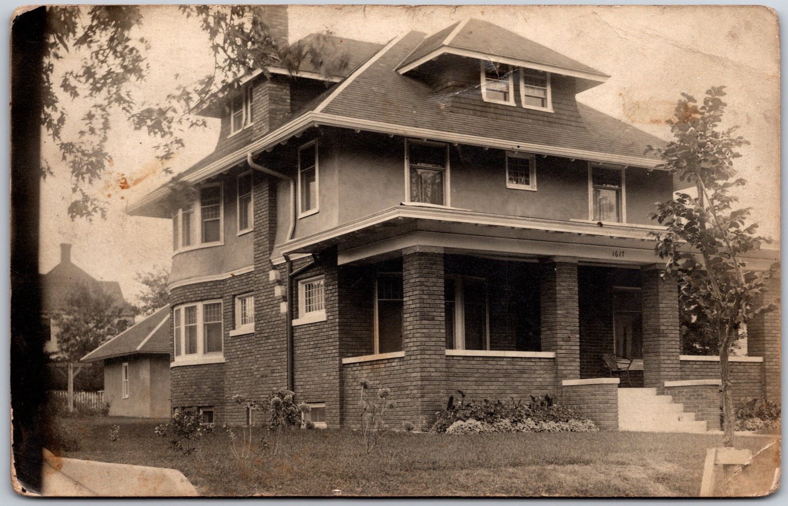 American Foursquare House,  Boxy Shape & Brick Construction Photo Postcard RPPC