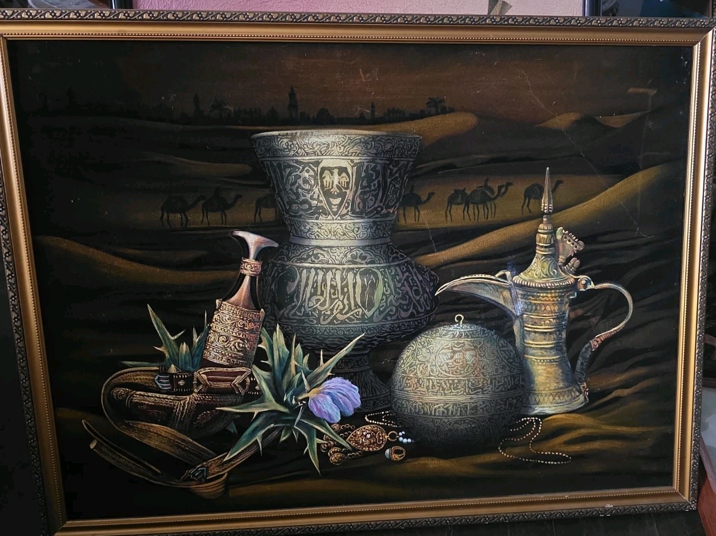 Vtg Middle Eastern Still Life Velvet Painting Camel Dagger Orig Frame 31x23