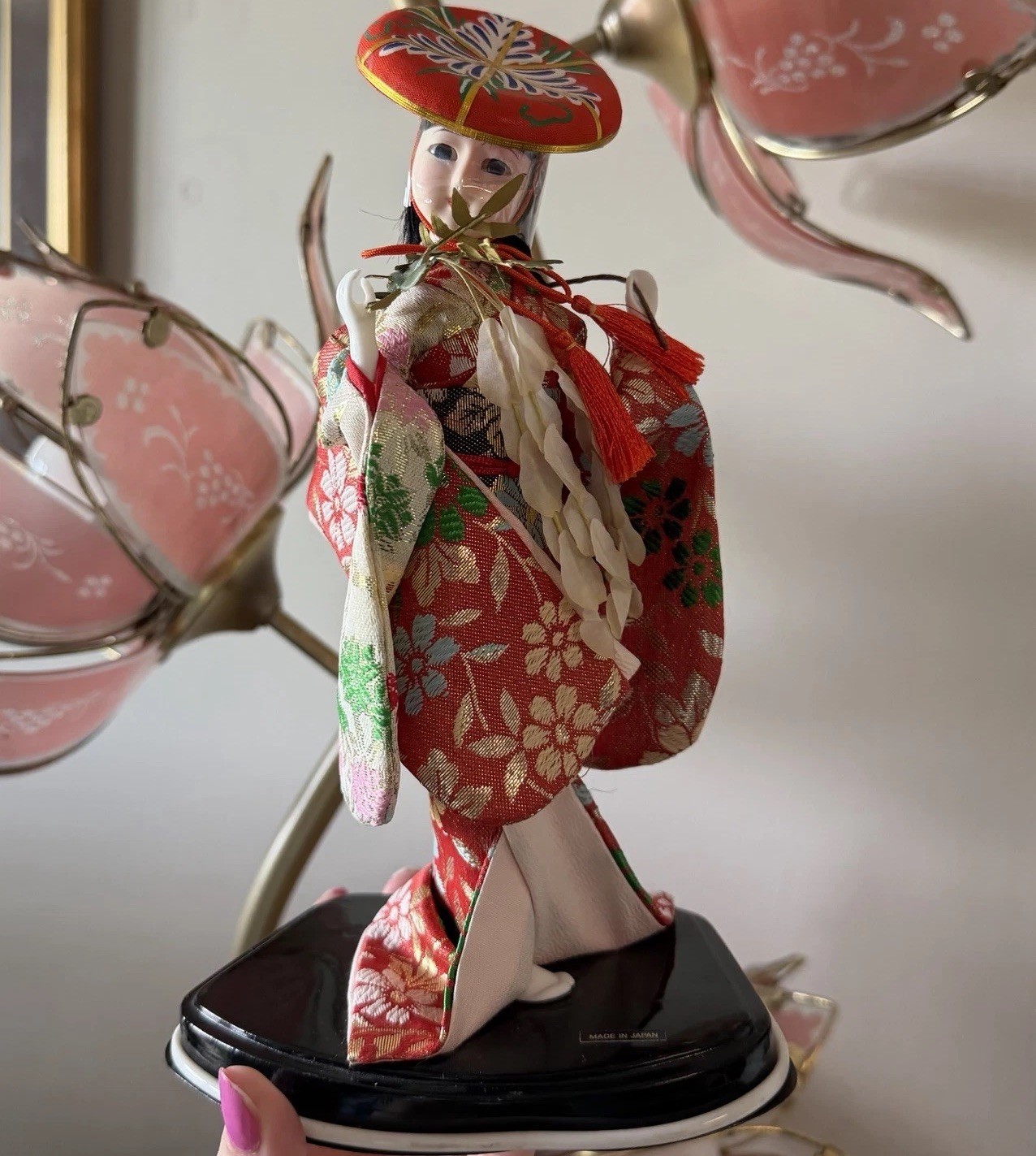 Vintage Japanese Kimono Doll Figurine Red Floral Outfit Hat on Black Base