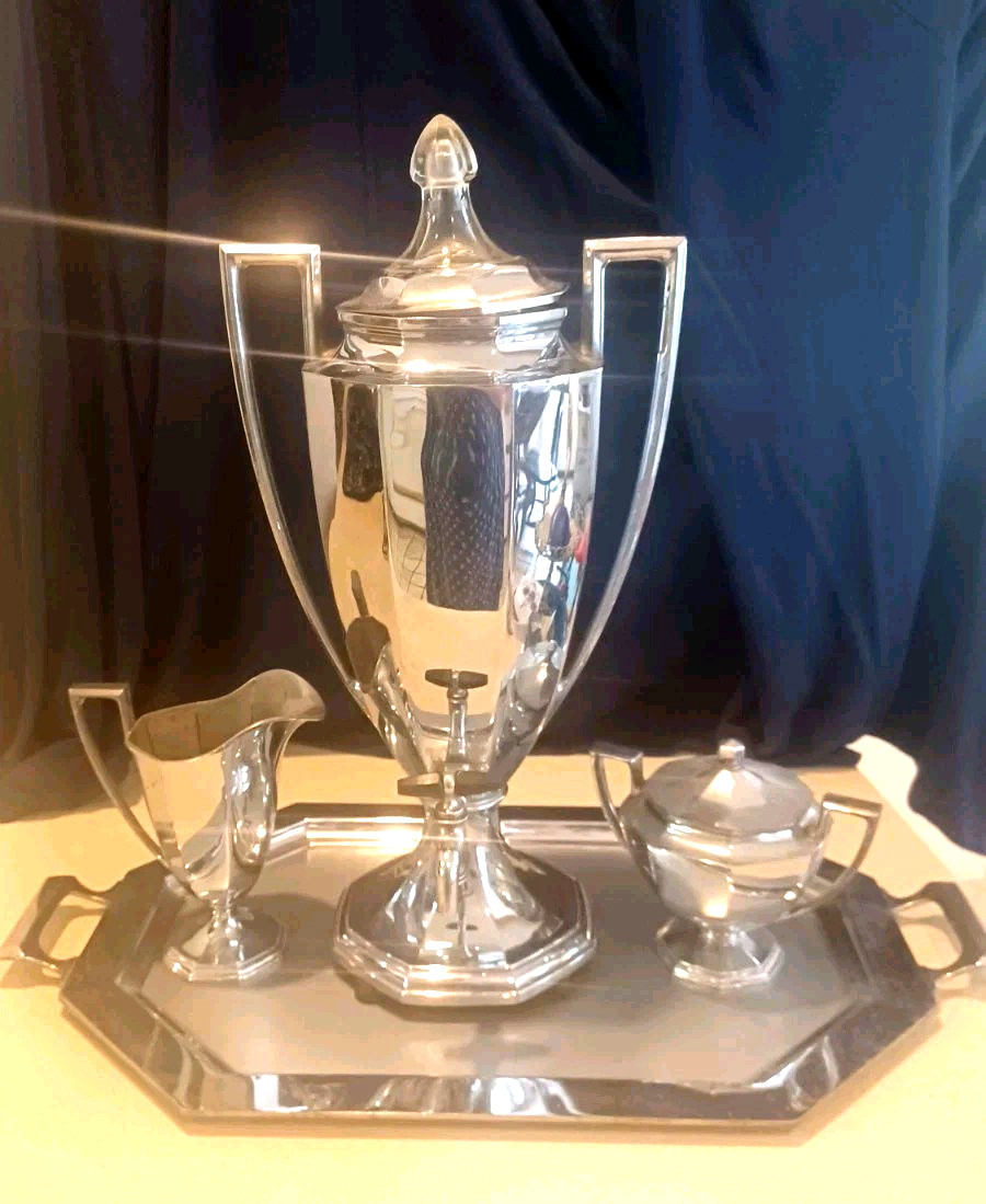 Vtg Loving Cup Art Deco Universal  Coffee Percolator Set- Sugar-Creamer-Tray