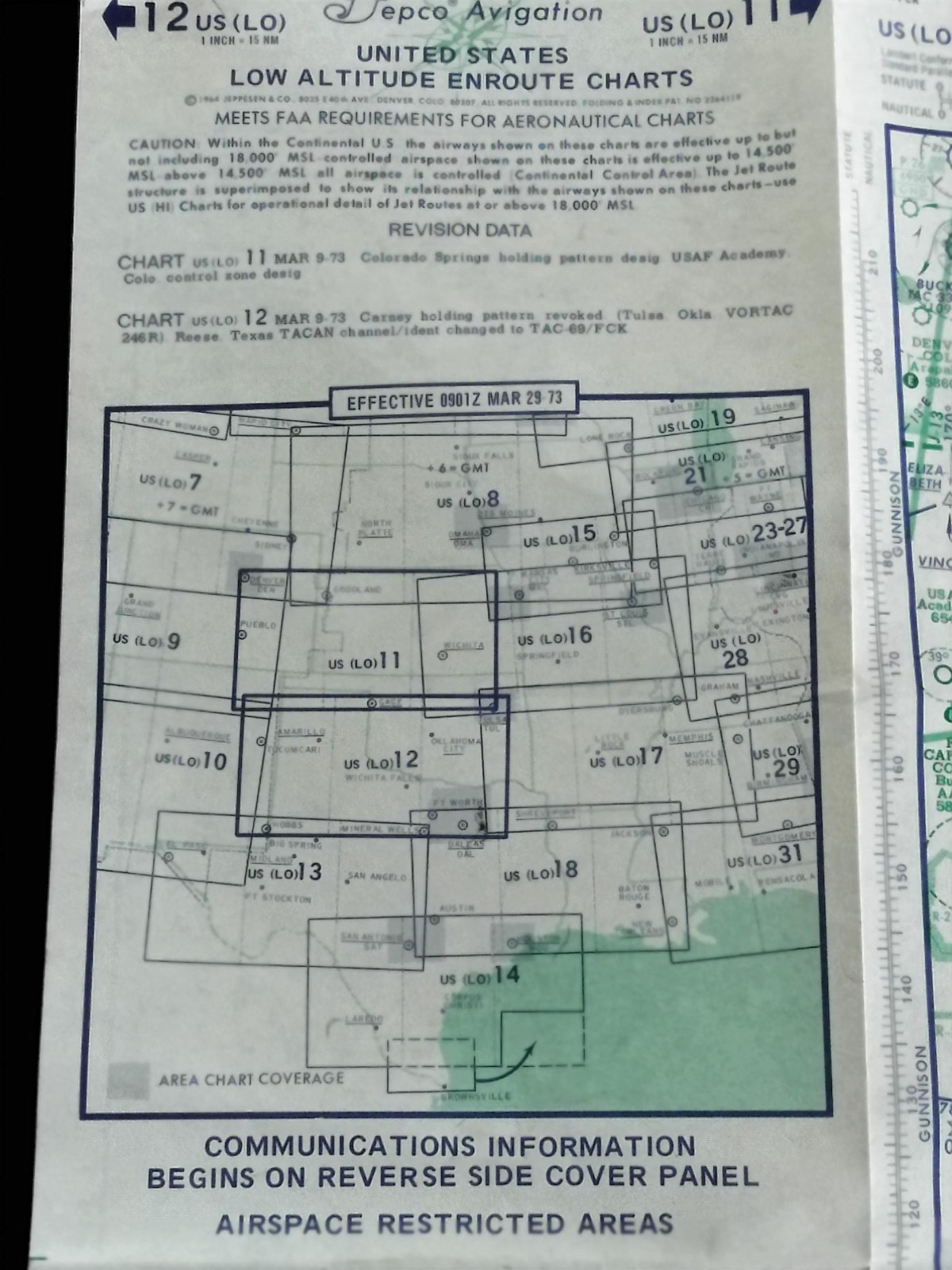 Vintage 1973 Jeppesen Avigation US Low Altitude Enroute Flight Chart Map 11 12