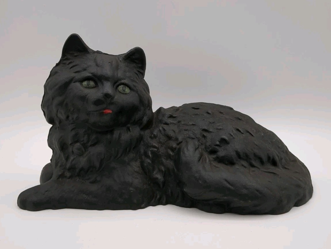 Vintage Hubley Style Cast Iron Black Cat W/Green Eyes Door Stop Decor 10.5”x5.5”