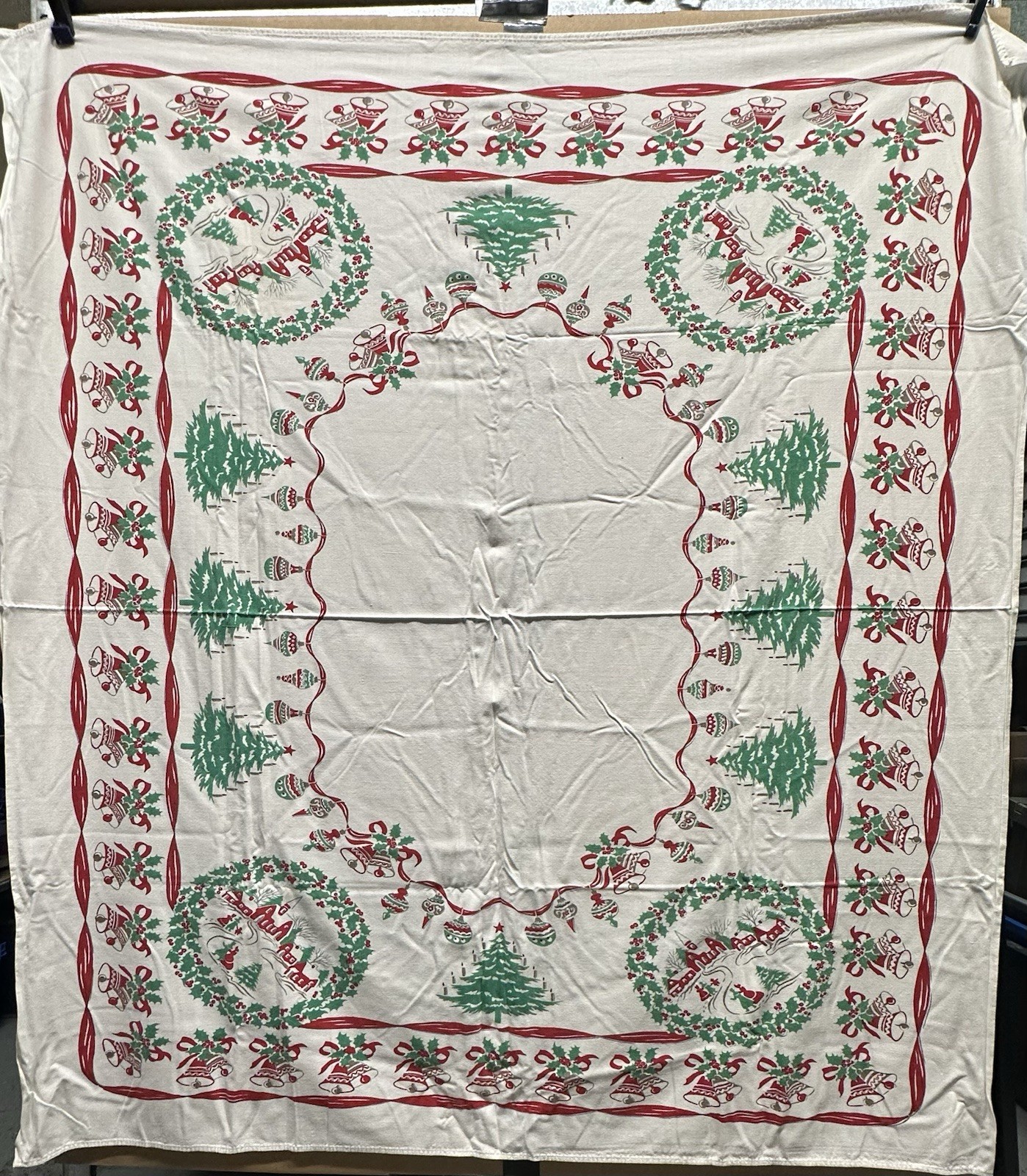 Vintage Mid Century Christmas Tablecloth Ornament Tree Garland Retro 57x51
