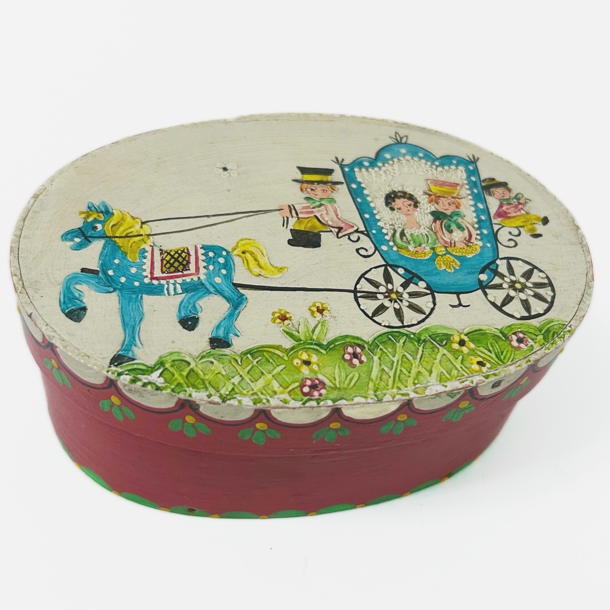 VTG Hand Painted German Wood Band Box Bride & Groom Carriage Volkskunst Wallach?