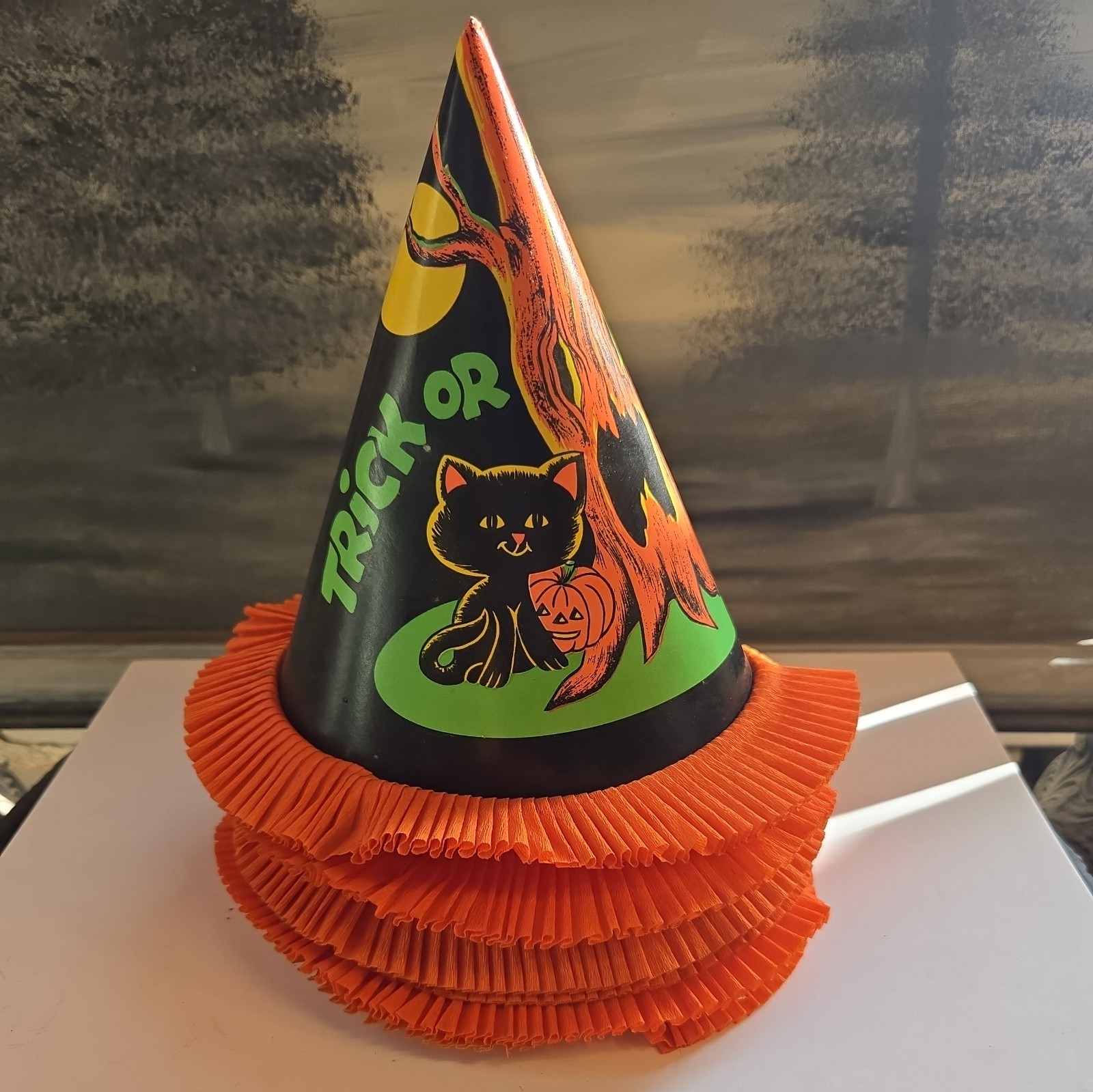 Set of 6 Vtg Halloween Paper Party Hats Clever Idea Co Owl Witch Ghost Cats