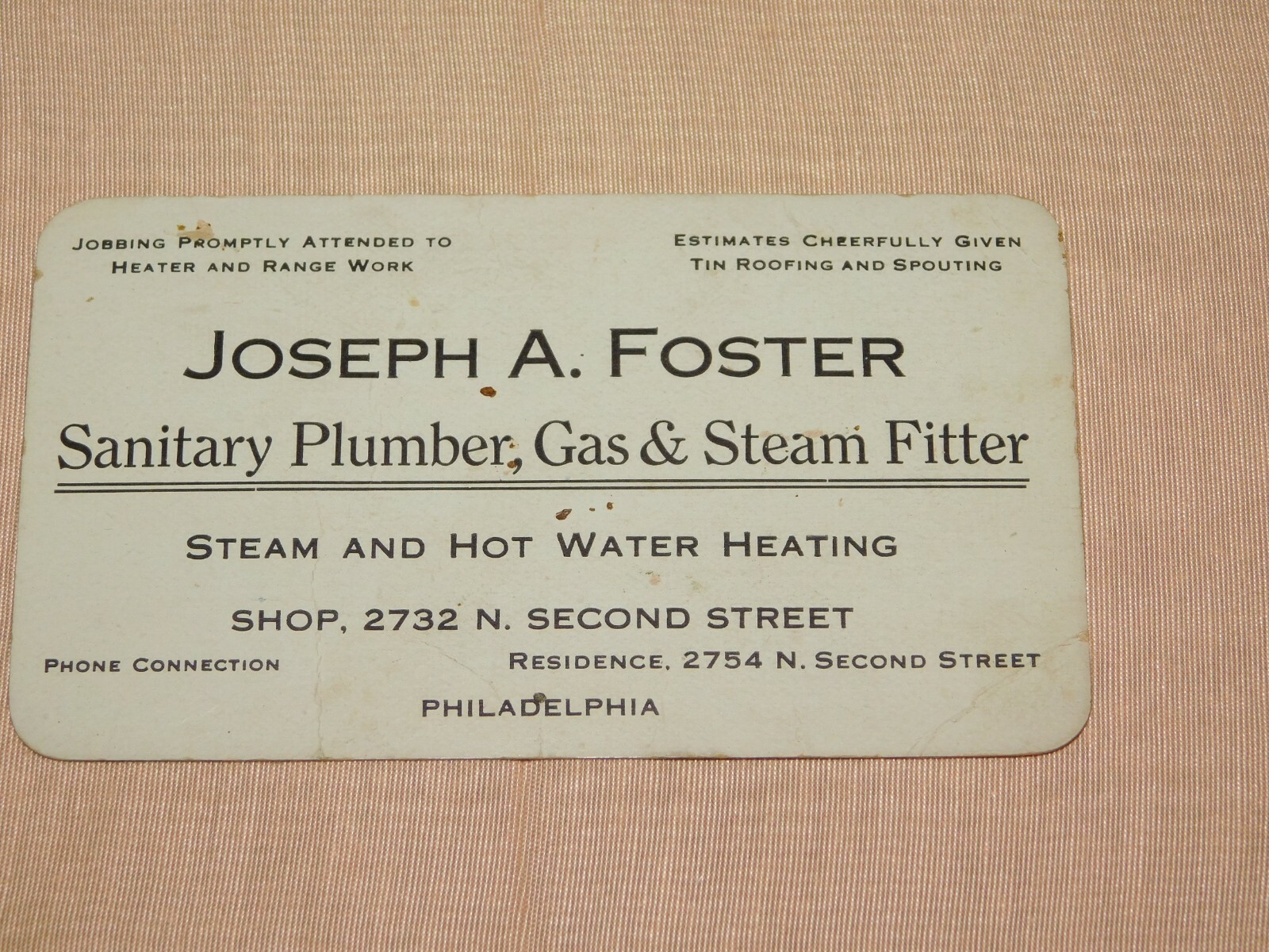 VINTAGE BUSINESS CARD JOSEPH A FOSTER PHILADELPHIA PLUMBER STEAM FITTER