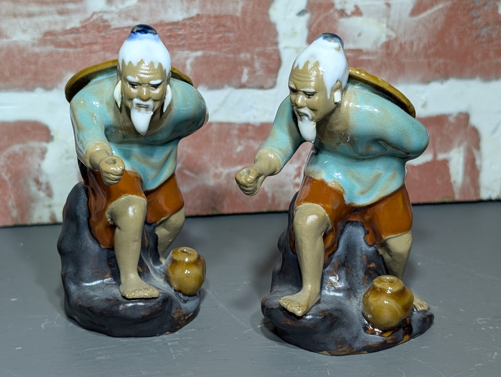 2 Vtg Shiwan chinese mud men ceramic glossy figurine lot