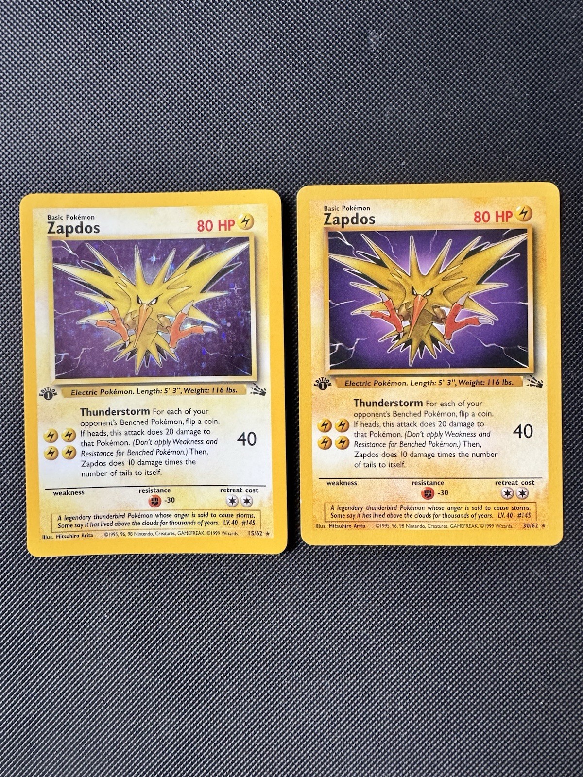 Pokémon TCG Zapdos Fossil Holo Card 15/62 30/62 Vintage 1999 WOTC 1st Edition