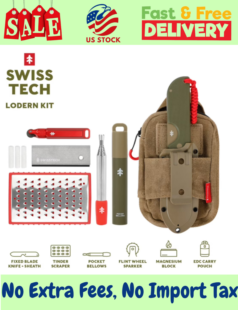 Swiss Tech 6-Piece Fixed Blade Fire Starting Kit Carry Pouch, No Import Fees