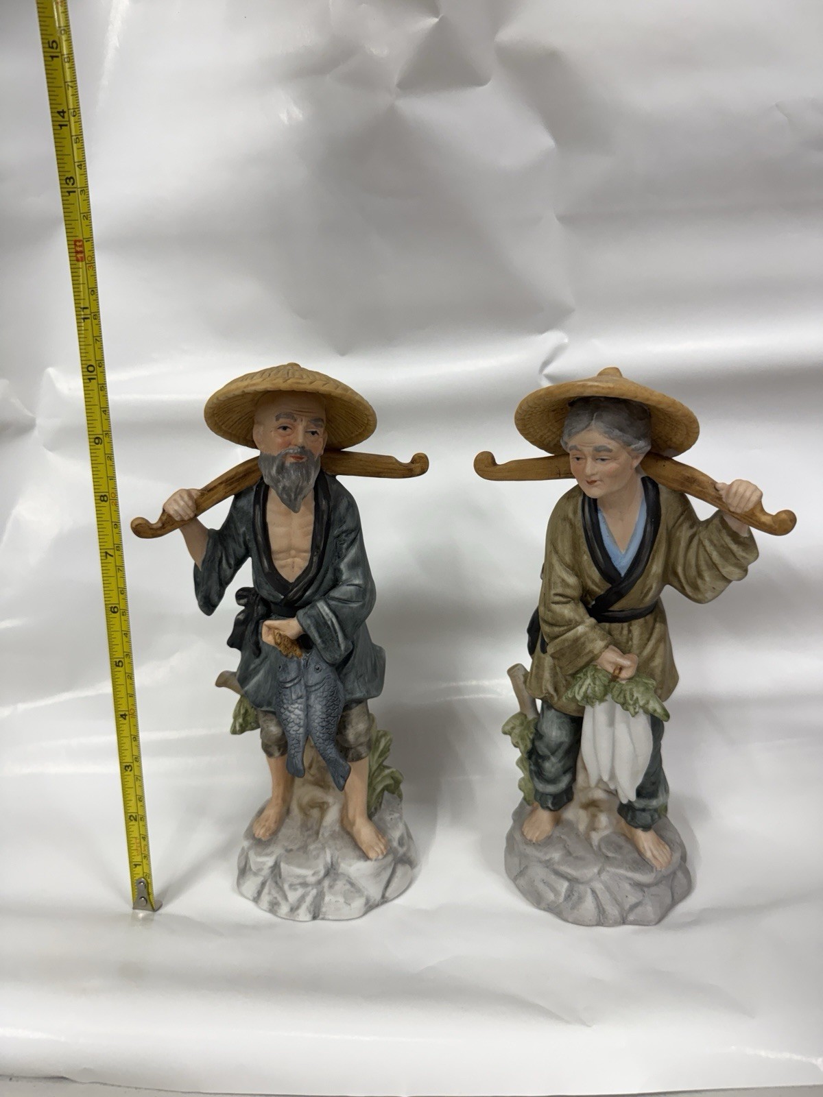 Vintage Made in Japan Porcelain Figurines Asian Couple Fisherman Woman 10” Pair