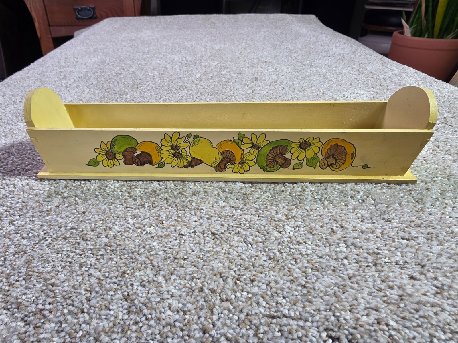 Vtg 1970s Yellow Wooden Cracker Tray Trough Mushroom Sunflower Retro 70s Kitchen