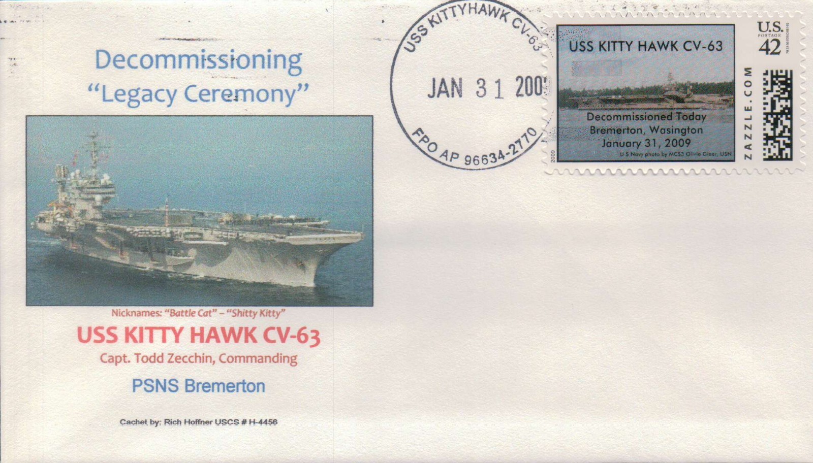 USS Kitty Hawk CV 63, Decommissioning, franked with Zazzle photo stamp 2009