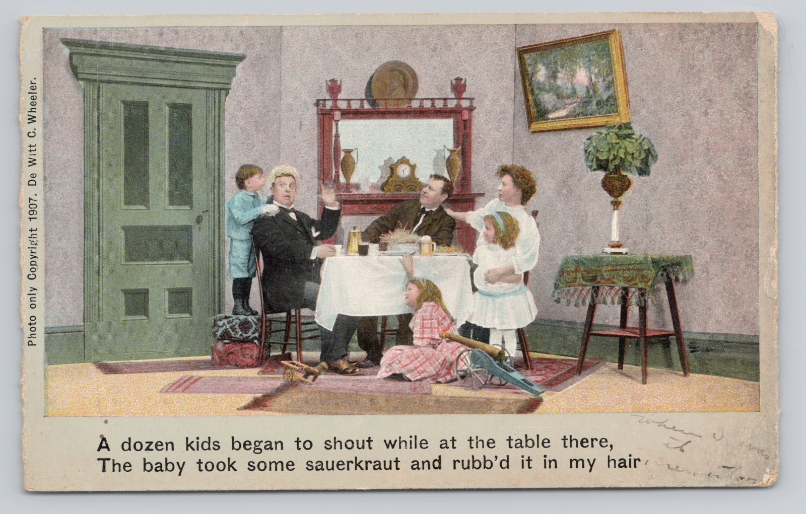 Vtg/Atq Post Card Family Dinner 1907 Sauerkraut in hair humor R346