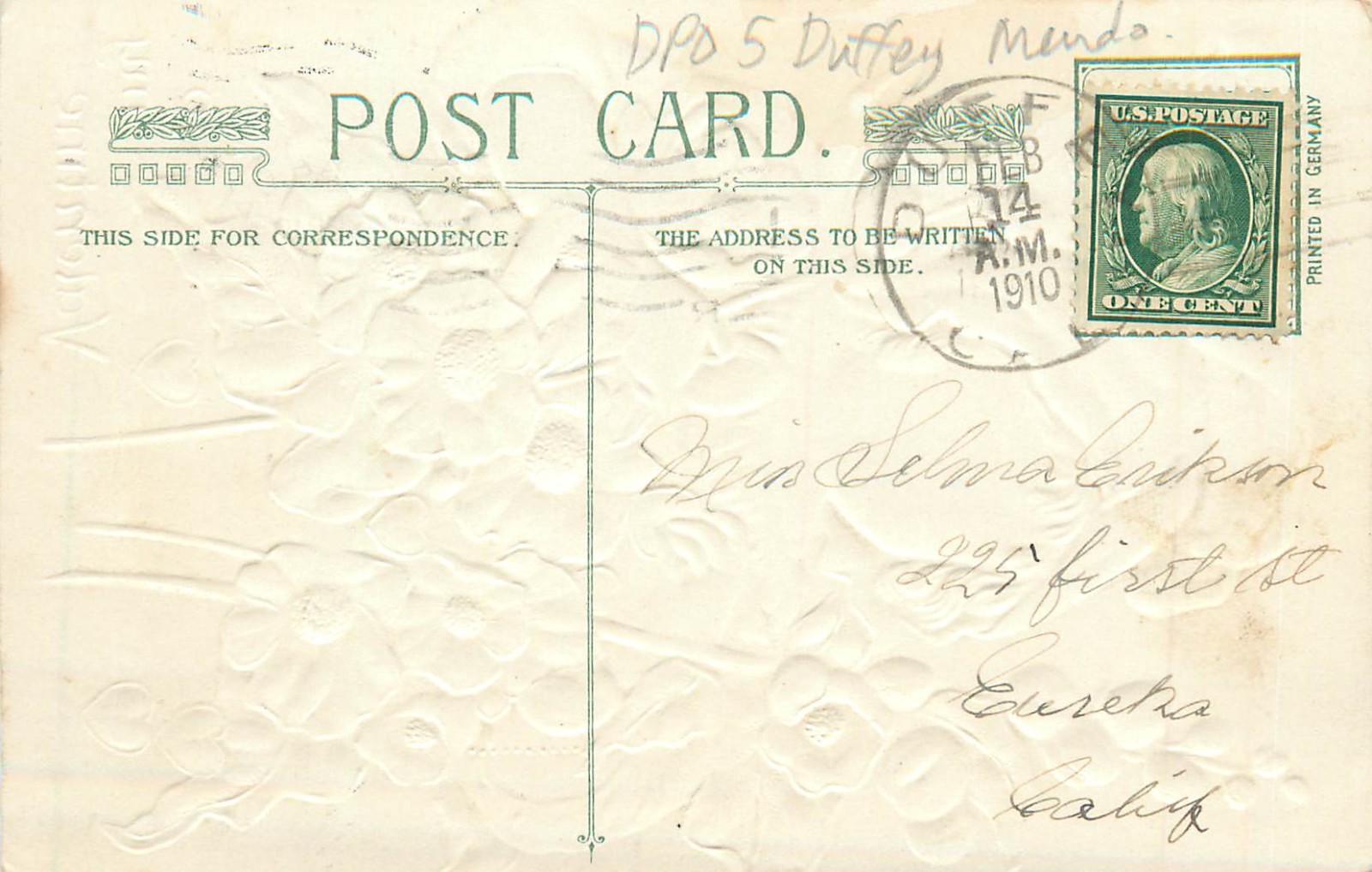DPO 5 Postcard Duffey Mendocino County CA 1910 Philatelic Cancel on Valentine