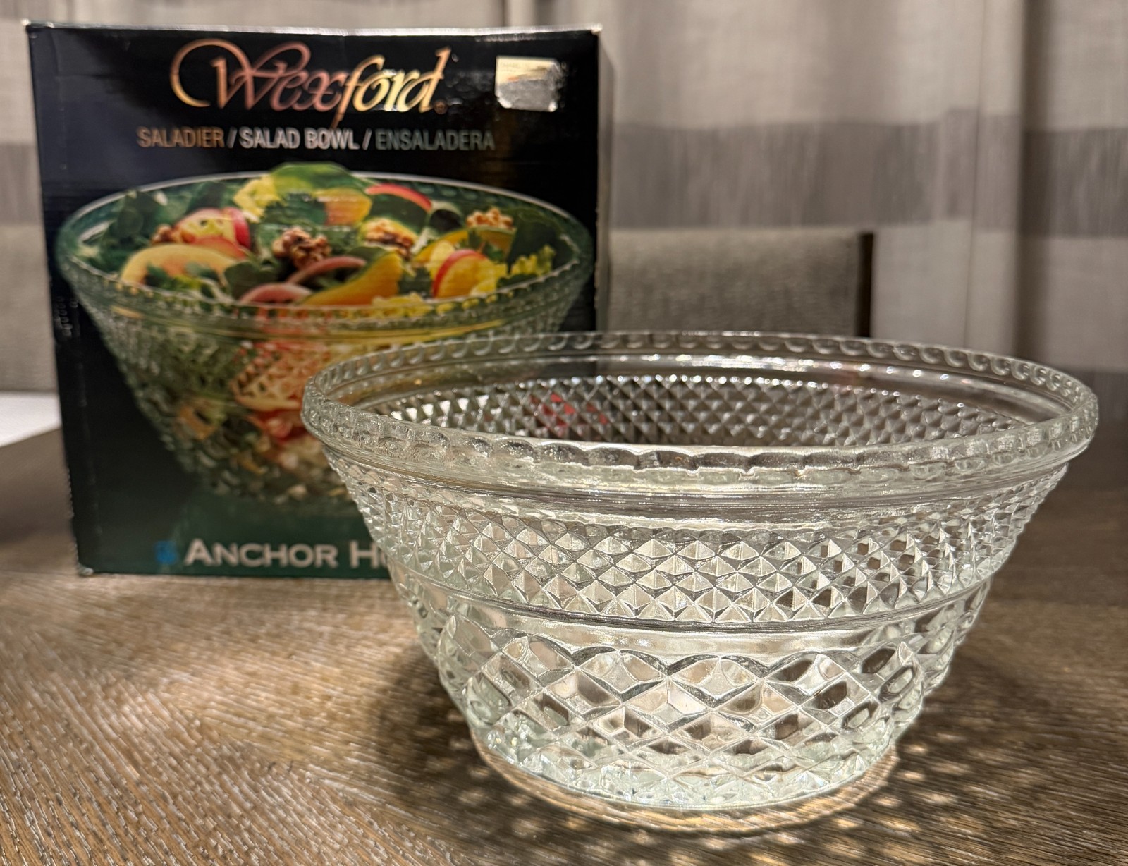 Anchor Hocking Wexford Salad Bowl Clear Diamond Starburst Pattern With Box