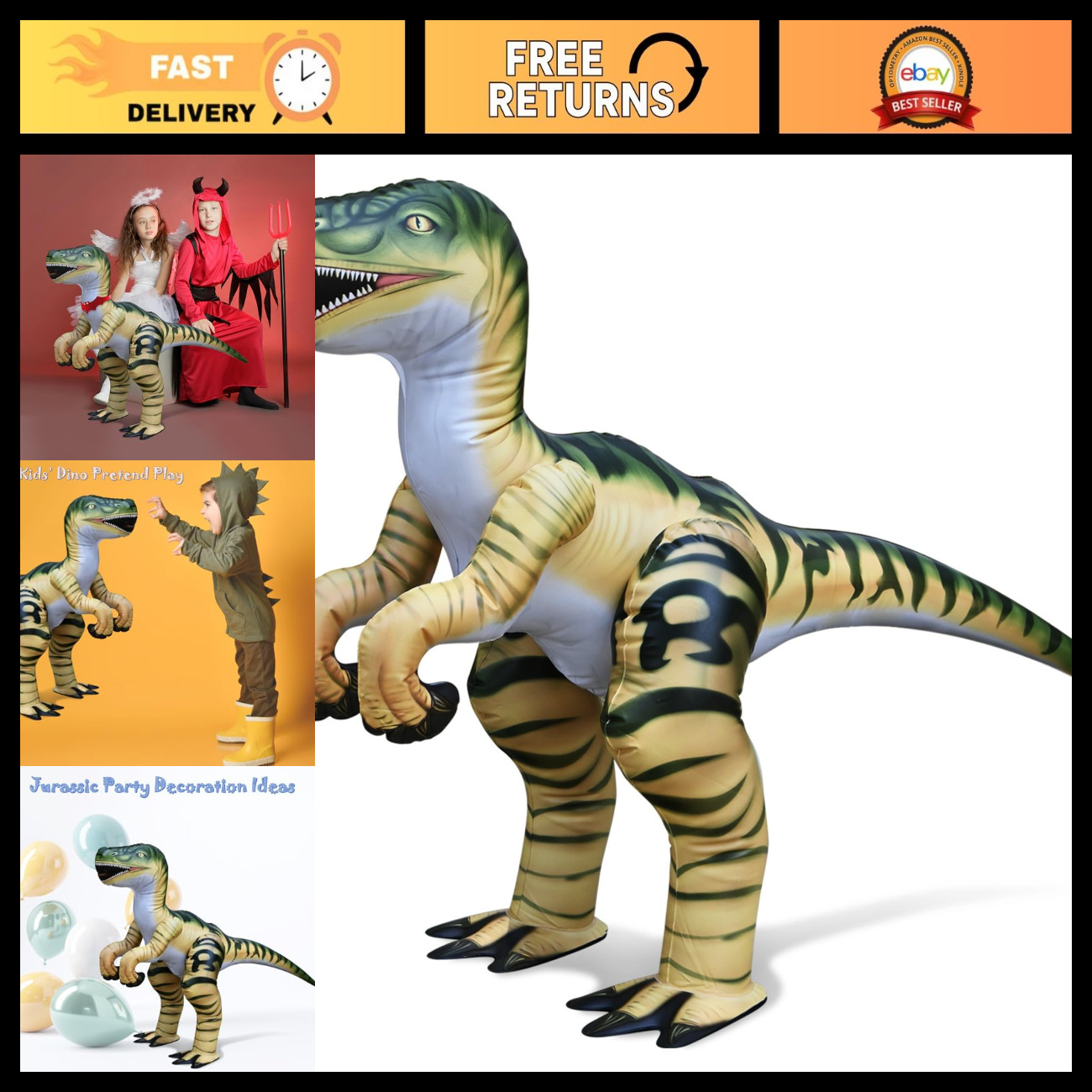 Large Inflatable Velociraptor Dinosaur - Durable, Lifelike, 51