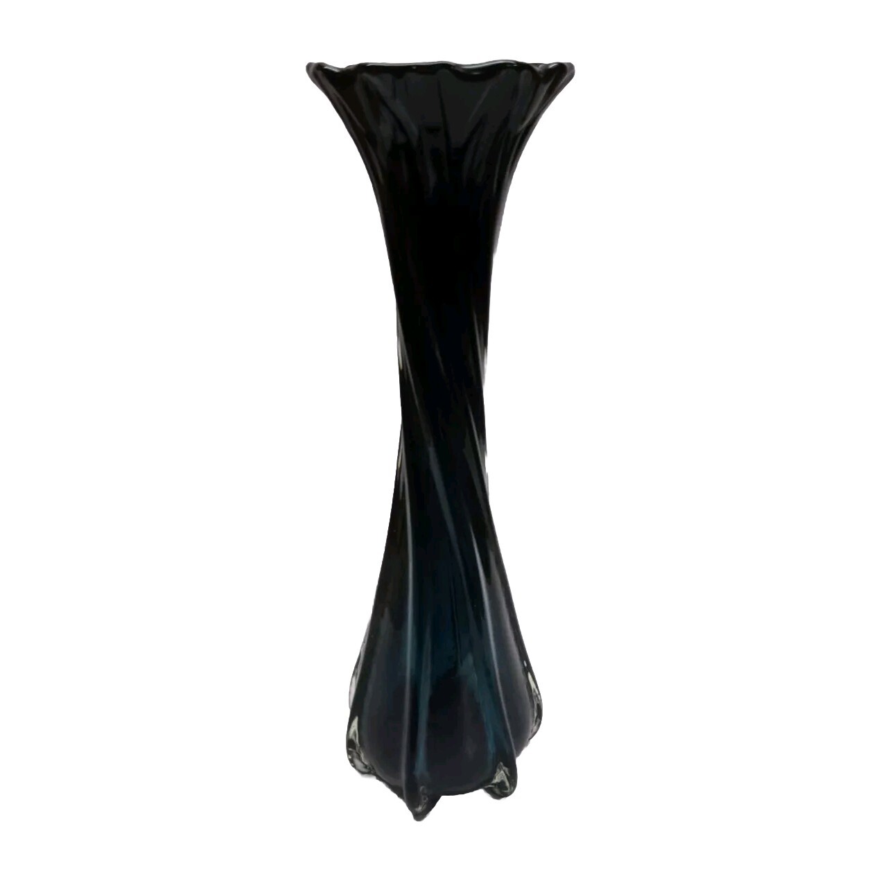 Vintage Hand Blown Art Glass Twisted Swirl Teal/ Dark Blue Ombre 16\