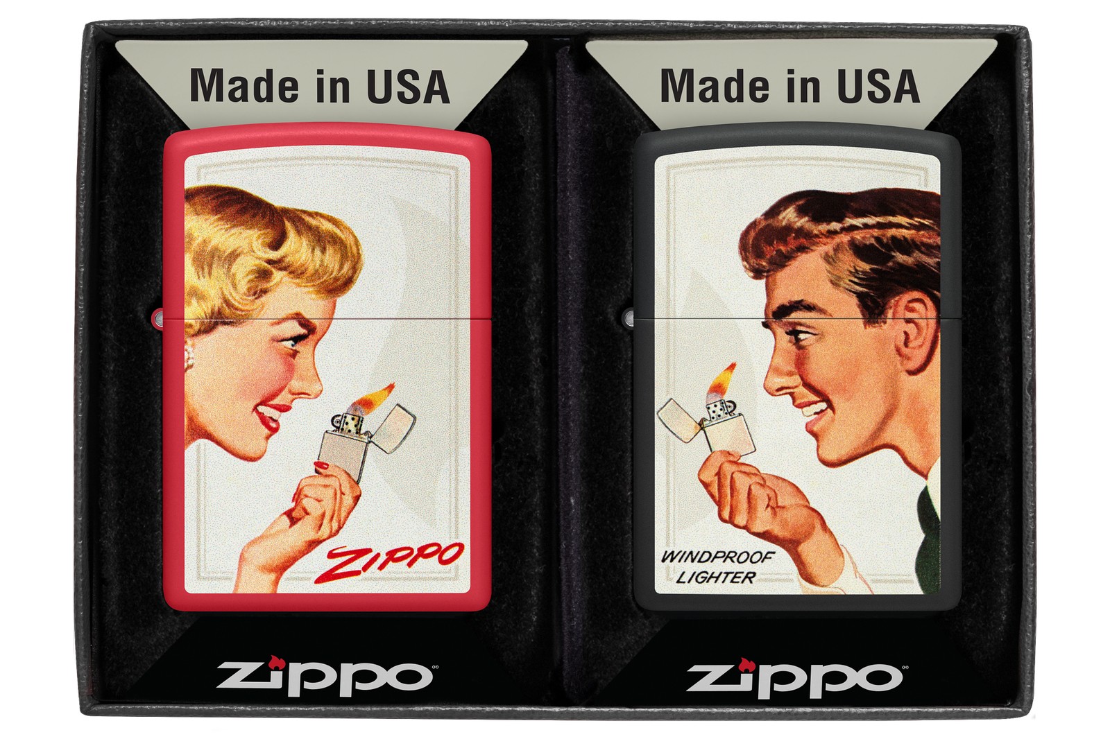 Zippo Vintage Ad Red and Black Matte Windproof Pocket Two Lighters Gift Set, ...