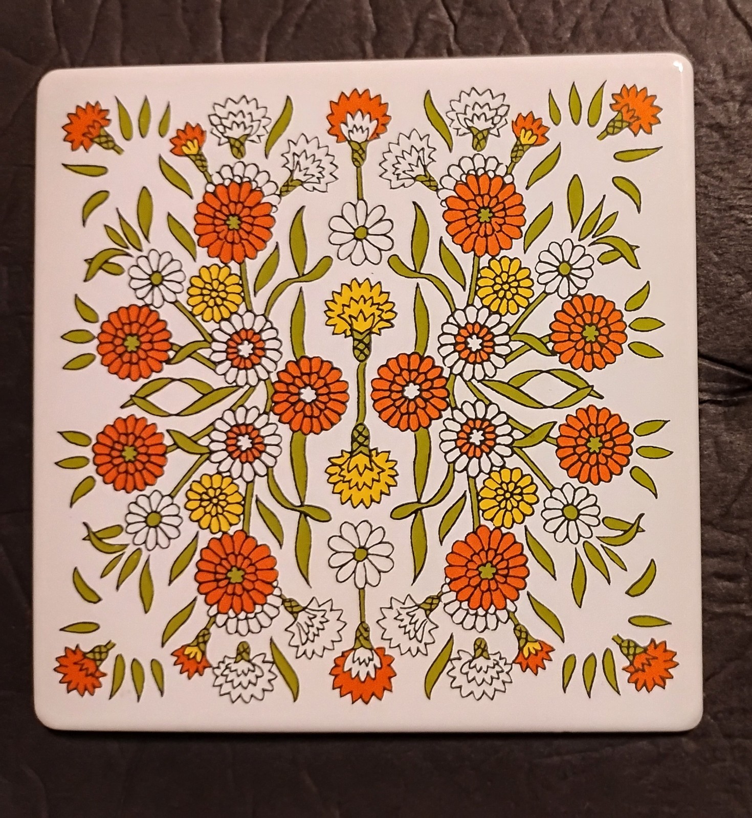 Vintage Georges Briard Enameled Metal Floral Daisy Tile 1970s Flower Power