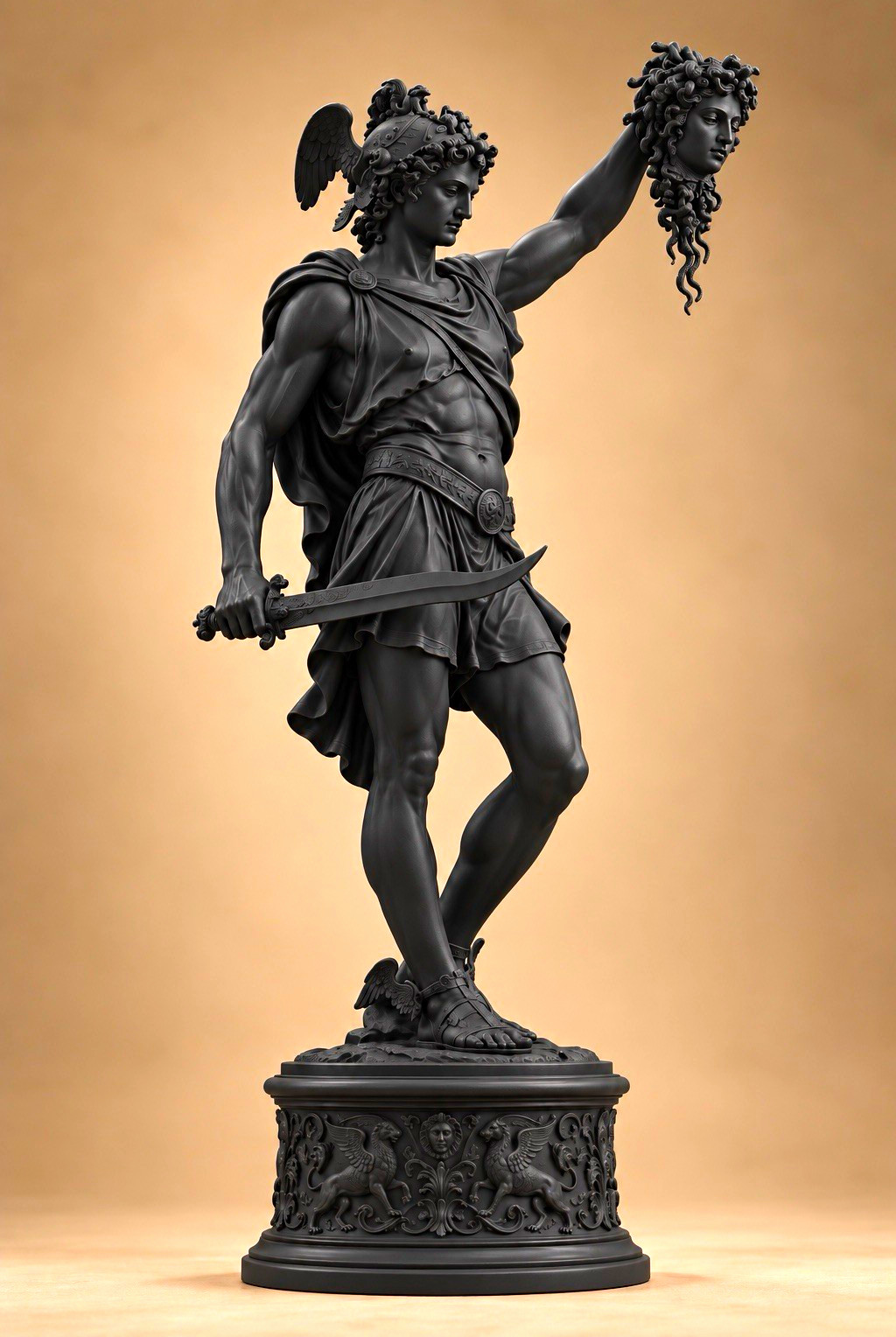 Perseus Holding Medusa Head Statue – Black Matte Resin Classical Greek 3D 7 in