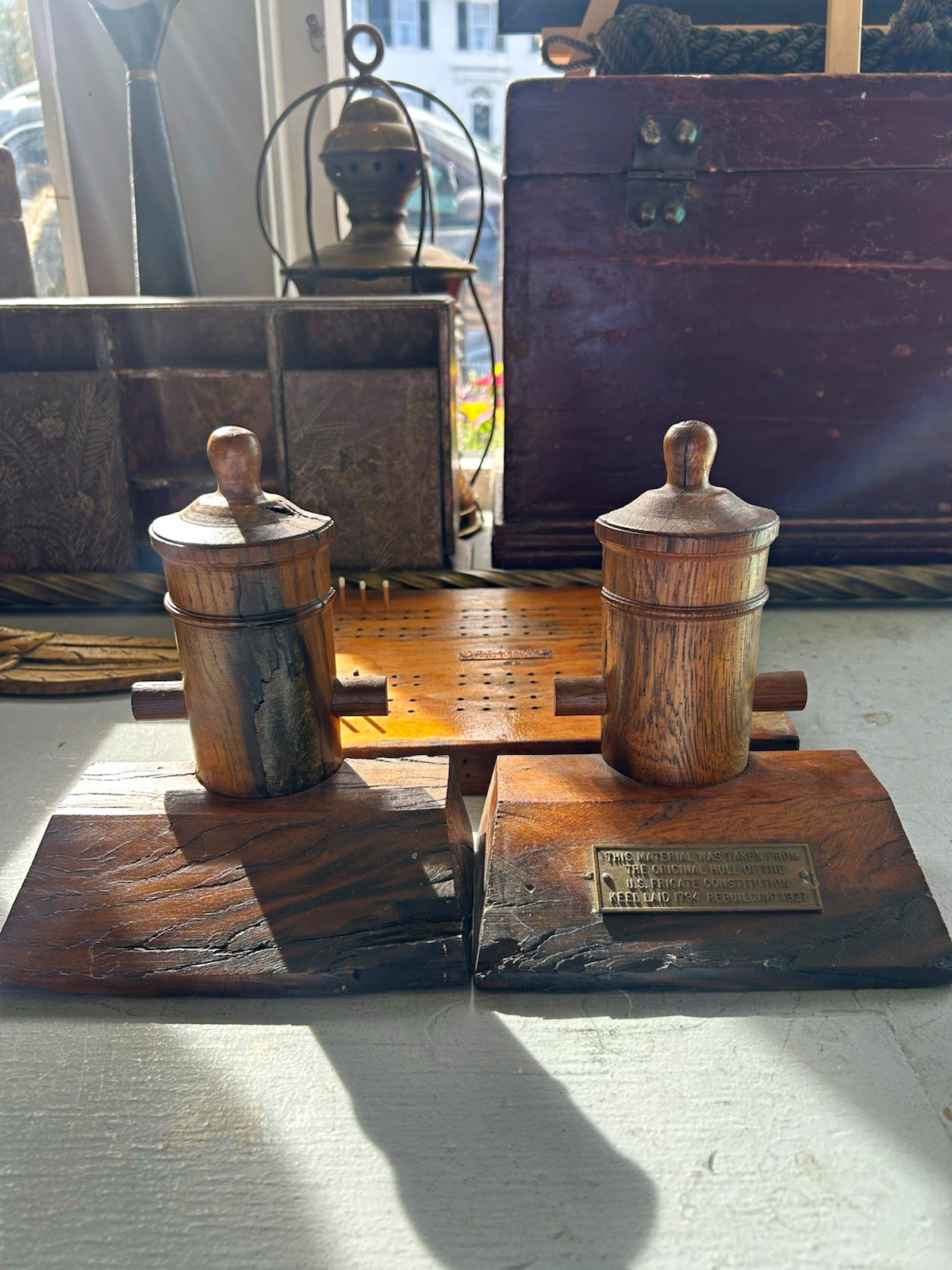 Vintage Nautical Ship Bookends Pair, Brown Wood & Metal Plaque, 1900-1949
