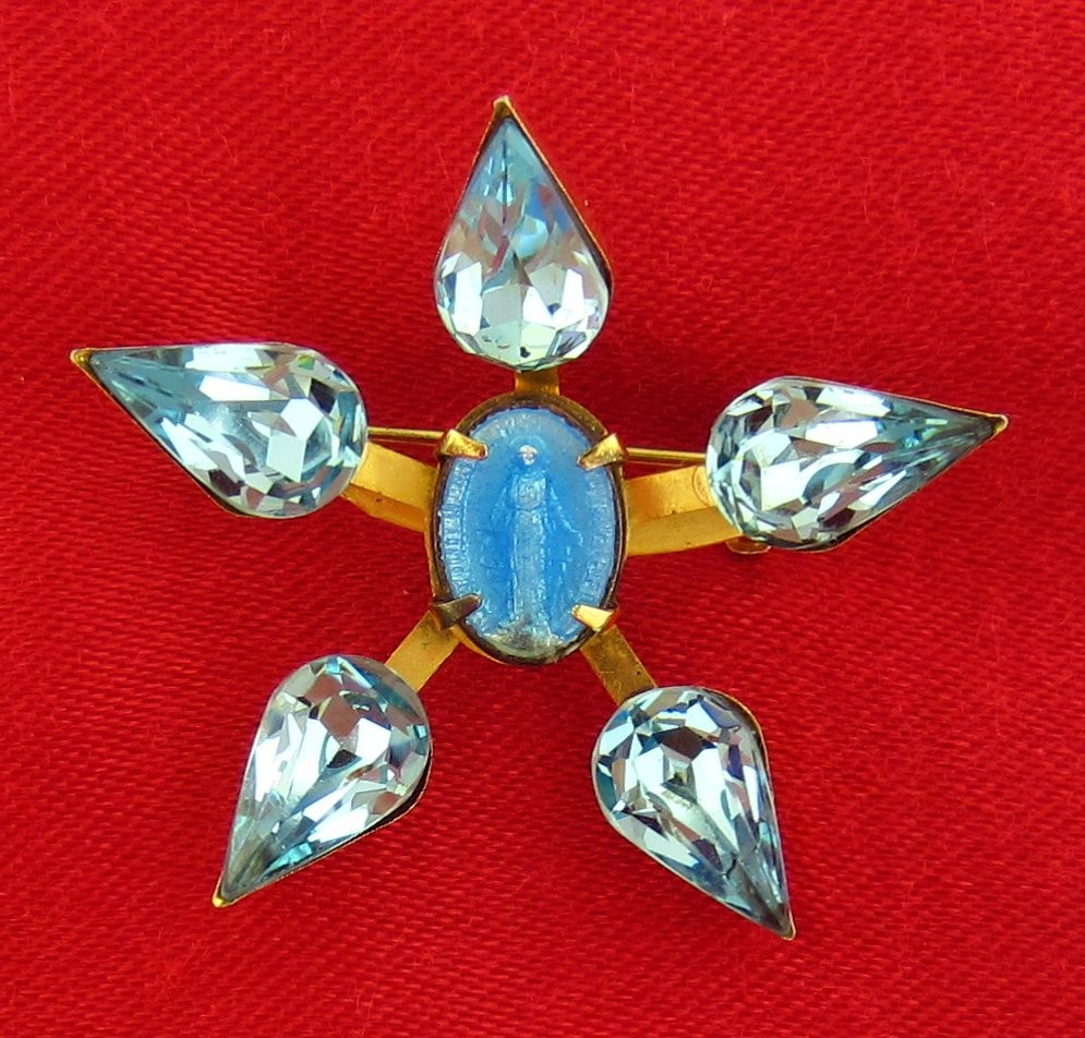 Vintage MARY Pin BLUE ENAMEL IMITATION RHINESTONE Religious Catholic Pin Brooch