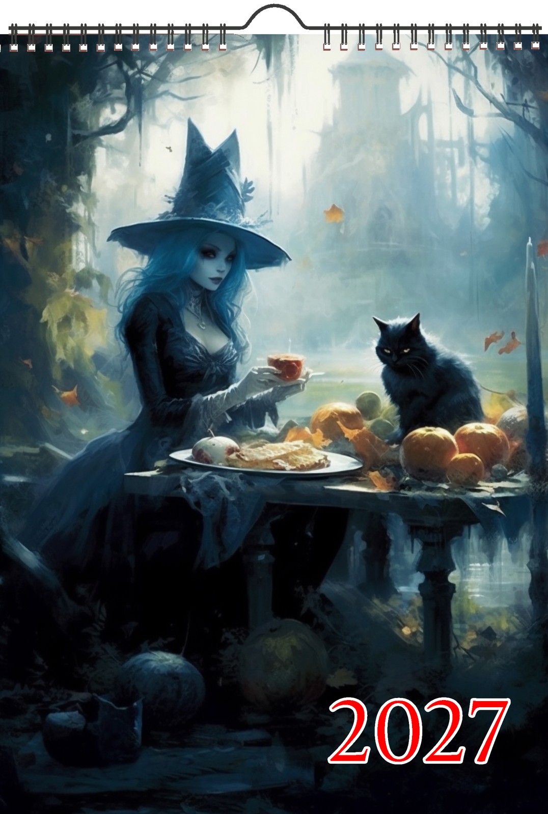 2027 Wall Calendar ~ Spooky Witches with Black Cats Having a Feast Halloween