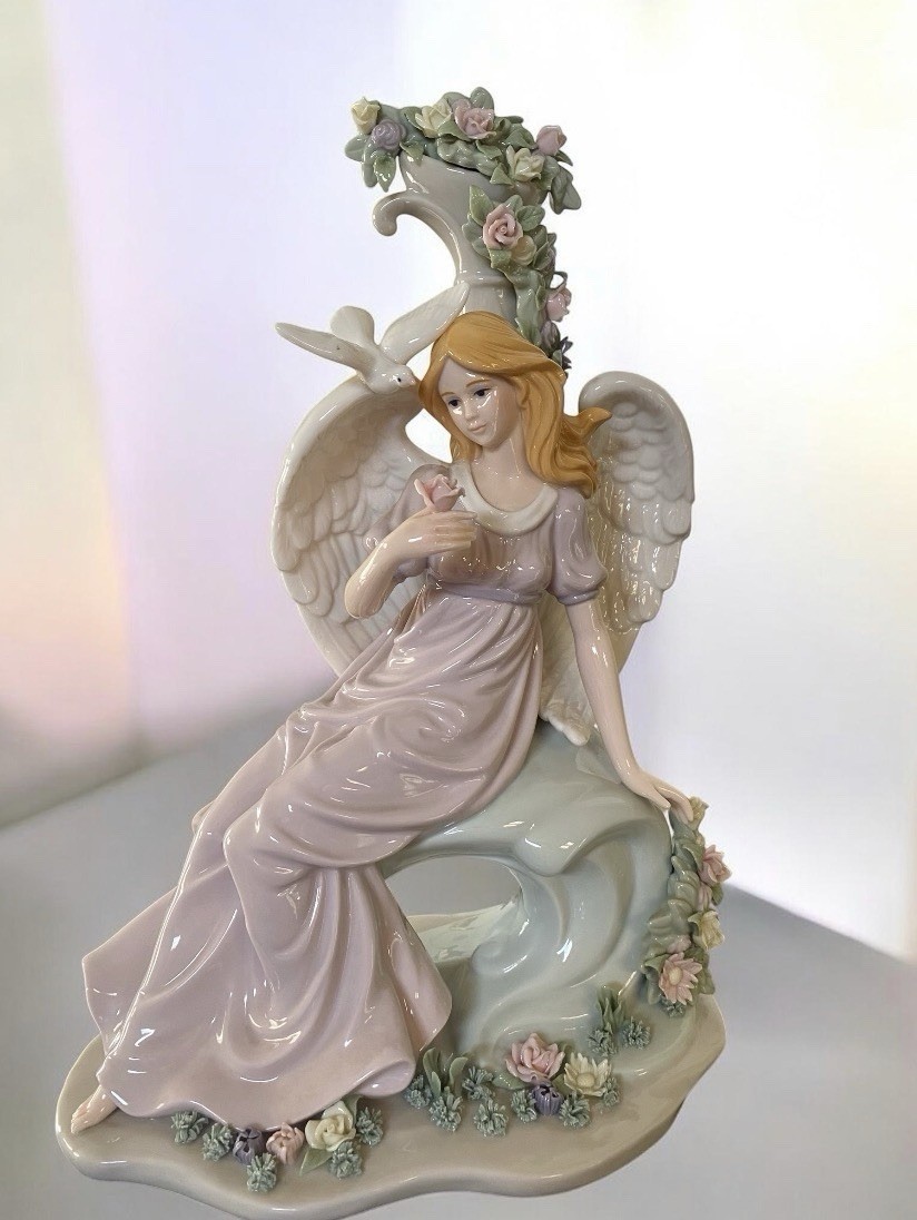VTG O'Well Porcelain Figurine Angel Sitting on a Bench with a Dove Home Decor